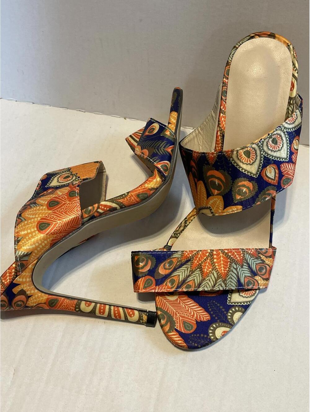 Peacock Pattern Orange & Blue Women's High Heel Sandals Size 40 (9/9.5)